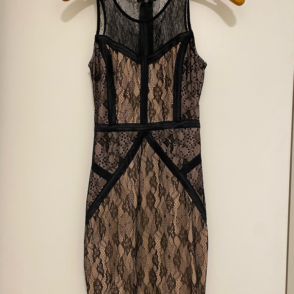Bebe Black and Tan Lace Mini Dress